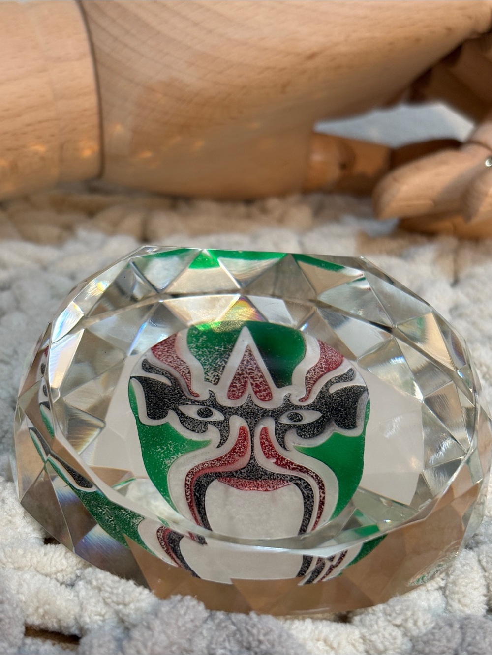 Decorative Glass Art Paperweight with Green and Red Mask Design